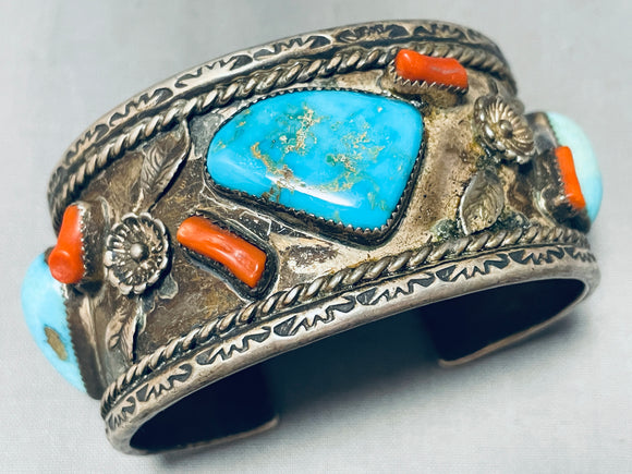 Powerful Vintage Native American Navajo Easter Blue Turquoise Sterling Silver Coral Bracelet-Nativo Arts
