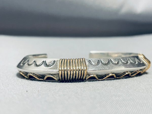 Native ダブルリング #23 純銀 Hand Made Heavy Hand Tooled Gold And Sterling Silver Vintage Native American