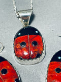 Lester James Native American Navajo Spiny Oyster Onyx Sterling Silver Ladybug Earring Set-Nativo Arts