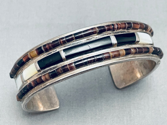 6.5 Inch Wrist Vintage Native American Navajo Heishi Sterling Silver Inlay Bracelet-Nativo Arts