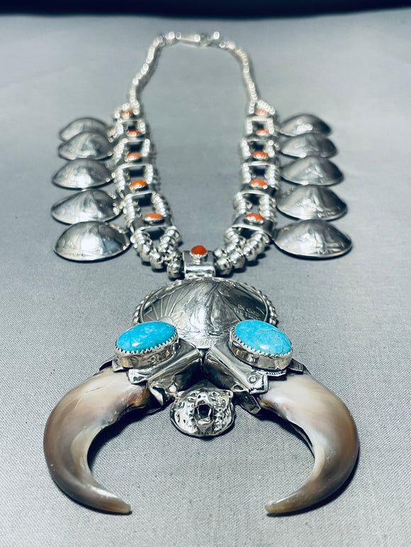 Navajo Sterling Silver Handmade Real Bear Claw Coral Turquoise Teardro