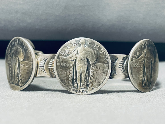 Wonderful Native American Navajo Signed 5 Vintage Quarters Sterling Silver Bracelet-Nativo Arts