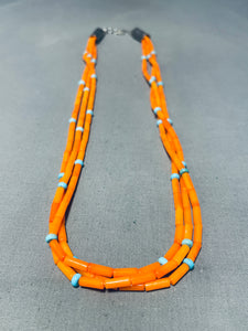 Rare Orange Coral!! Native American Navajo Sterling Silver Turquoise Necklace-Nativo Arts