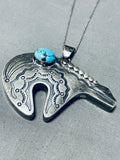 Special Vintage Native American Navajo Blue Diamond Turquoise Sterling Silver Bear Necklace-Nativo Arts