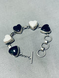 Pretty Vintage Native American Navajo Jet & Shell Sterling Silver Heart Link Bracelet-Nativo Arts