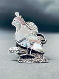 Detailed Vintage Native American Zuni Quail Bird Inlay Sterling Silver Ring Old-Nativo Arts