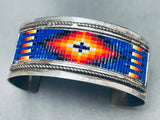 Detailed Hand Beaded Vintage Native American Navajo Sterling Silver Bracelet-Nativo Arts