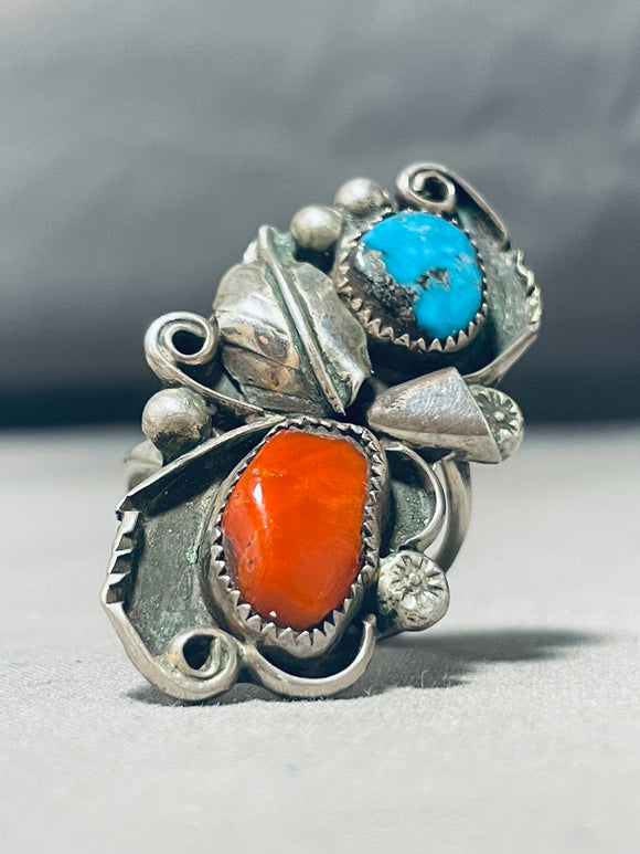 Massive Vintage Native American Navajo Turquoise Coral Sterling Silver Ring-Nativo Arts