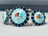 Burd Soseeh Vintage Native American Zuni Blue Gem Turquoise Sterling Silver Sunface Bracelet-Nativo Arts