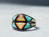 Detailed Intricate Vintage Native American Zuni Size Sz 6.5 Inlay Sterling Silver Turquoise Ring-Nativo Arts