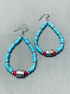 Native American Beautiful Santo Domingo Turquoise Coral Sterling Silver Earrings-Nativo Arts