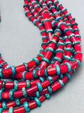 614 Grams Best Native American Navajo Coral Sterling Silver Turquoise Necklace-Nativo Arts