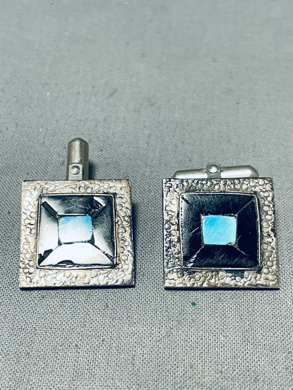 Spectacular Vintage Native American Navajo Blue Gem Turquoise Black Onyx Silver Cuff Links-Nativo Arts