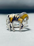 Horse!! Vintage Native American Navajo Inlay Tiger Eye Shell Jet Sterling Silver Horse Ring-Nativo Arts