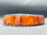 Intricate Vintage Native American Navajo Orange Shell Inlay Sterling Silver Bracelet-Nativo Arts
