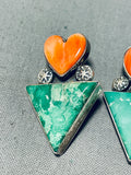 Marvelous Vintage Native American Navajo Signed Damale Turquoise Spiny Heart Silver Earrings-Nativo Arts
