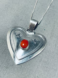 Adorable Vintage Native American Navajo Coral Sterling Silver Heart Necklace-Nativo Arts
