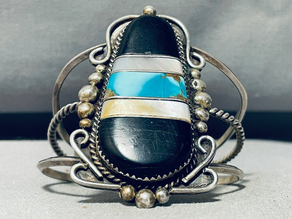 Towering Vintage Native American Navajo Turquoise Sterling Silver Inlay Bracelet-Nativo Arts