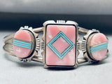 Best Vintage Native American Navajo Rose Quartz Turquoise Inlay Sterling Silver Bracelet-Nativo Arts