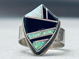 Shield Of Opal Jet Vintage Native American Navajo Sterling Silver Inlay Ring-Nativo Arts