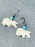 Whimsical Native American Zuni Shell & Turquoise Polar Bear Sterling Silver Earrings-Nativo Arts