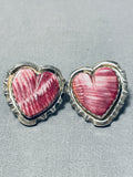 Marvelous Vintage Native American Navajo Signed Purple Spiny Heart Sterling Silver Earrings-Nativo Arts