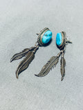 Brilliant Vintage Native American Navajo Morenci Turquoise Sterling Silver Feather Earrings-Nativo Arts