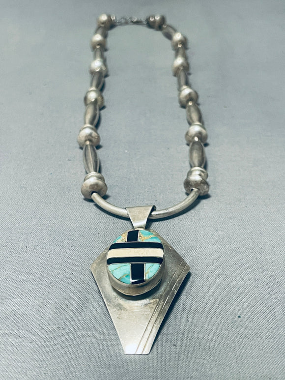 Dropdead Gorgeous Vintage Native American Navajo Turquoise Inlay Sterling Silver Necklace-Nativo Arts