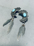 Fabulous Vintage Native American Navajo Blue Gem Turquoise Sterling Silver Dangle Earrings-Nativo Arts
