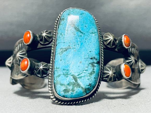 Dropdead Fab Vintage Native American Navajo Turquoise Coral Sterling Silver Bracelet-Nativo Arts