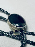 Native American Simply Vintage Navajo Domed Jet Sterling Silver Bolo Tie Old