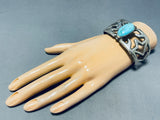Spectacular Vintage Native American Navajo Blue Gem Sand Cast Silver Bracelet-Nativo Arts