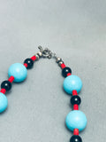 Rounded Turquoise Balls Santo Domingo Coral Sterling Silver Necklace-Nativo Arts