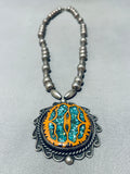Walnut Wood Inlay!!! Vintage Native American Navajo Turquoise Sterling Silver Necklace Old-Nativo Arts