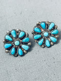 Early Vintage Native American Zuni Turquoise Flower Sterling Silver Earrings