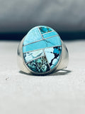 Brilliant Vintage Native American Navajo Turquoise Inlay Sterling Silver Large Ring-Nativo Arts