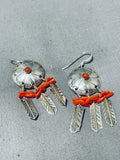 Authentic Native American Navajo Coral Sterling Silver Shield Earrings-Nativo Arts