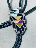 Important Vintage Native American Zuni Turquoise Jet Inlay Sterling Silver Thunderbird Bolo Tie-Nativo Arts
