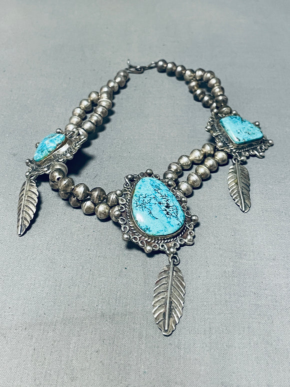 Rare Vintage Native American Navajo 3 Red Mountain Turquoise Sterling Silver Feathers Necklace-Nativo Arts