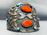Chunky Dunky Coral Huge Vintage Native American Navajo Turquoise Sterling Silver Bracelet-Nativo Arts
