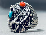 Huge Heavy Vintage Native American Navajo Eagle Sterling Silver Turquoise Ring