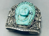 Gasp! 145 Gram Hand Carved Chief Navajo Turquoise Sterling Silver Bracelet-Nativo Arts