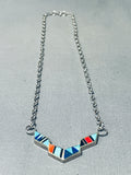 Vintage Southwestern Multi Stone Inlay Sterling Silver Pendant Necklace-Nativo Arts