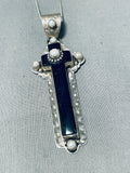 Rare Vintage Native American Navajo Jet Mother Of Pearl Sterling Silver Cross Necklace-Nativo Arts
