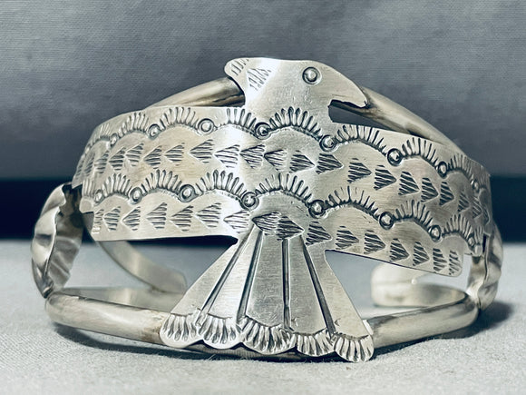 Fascinating Native American Navajo Handcarved Sterling Silver Huge Eagle Braclet-Nativo Arts