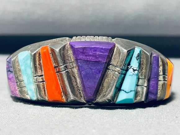Important Larry Castillo Vintage Native American Navajo Inlay Sterling Silver Bracelet-Nativo Arts