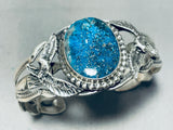 Eagles At Sides! Rare Turquoise Vintage Native American Navajo Gilbert Sterling Silver Bracelet-Nativo Arts