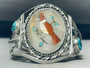 Omg Cardinal Handmade Vintage Native American Navajo Sterling Silver Inlay Bracelet-Nativo Arts