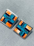 Very Intricate Vintage Native American Navajo Turquoise Shell Sterling Silver Inlay Earrings-Nativo Arts