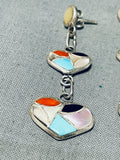 Exceptional Native American Zuni Turquoise Sterling Silver Inlay Heart Earrings-Nativo Arts